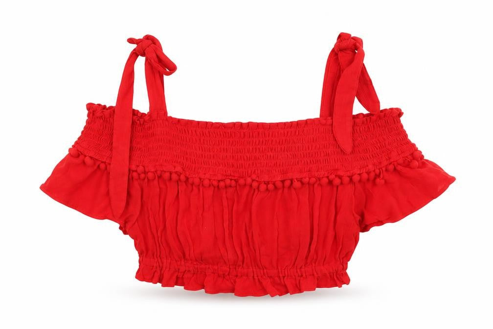 Front view of River Island women’s red polyester cropped t-shirt, size M, off the shoulder