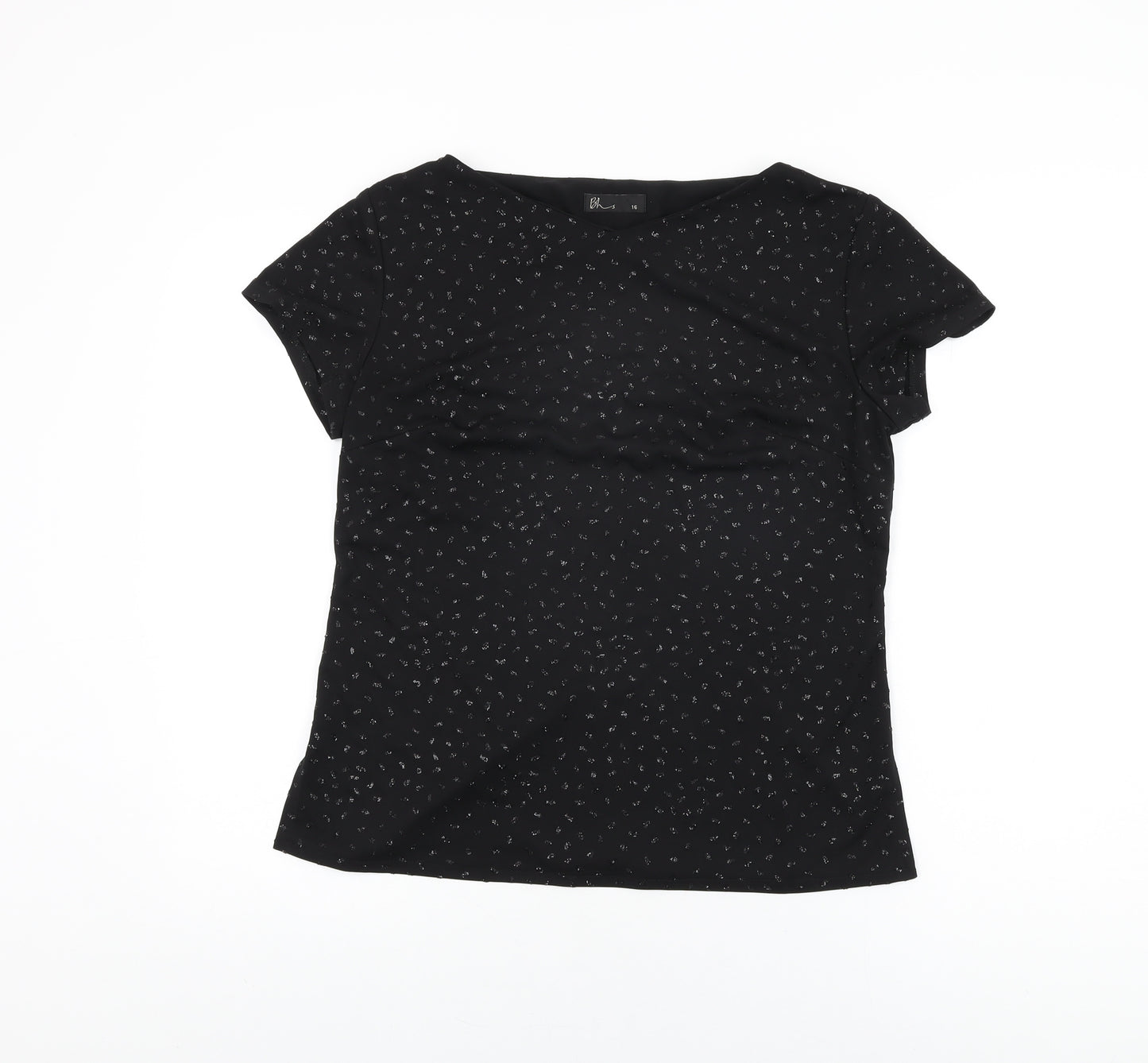 BHS Womens Black Geometric Polyester Basic T-Shirt Size 16 Boat Neck