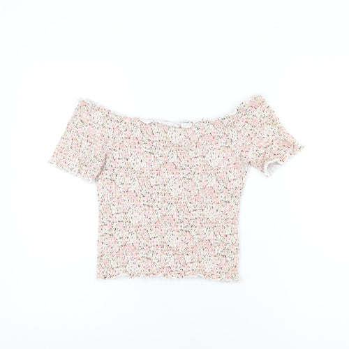 H&M Womens Pink Floral Cotton Cropped T-Shirt Size M Off the Shoulder