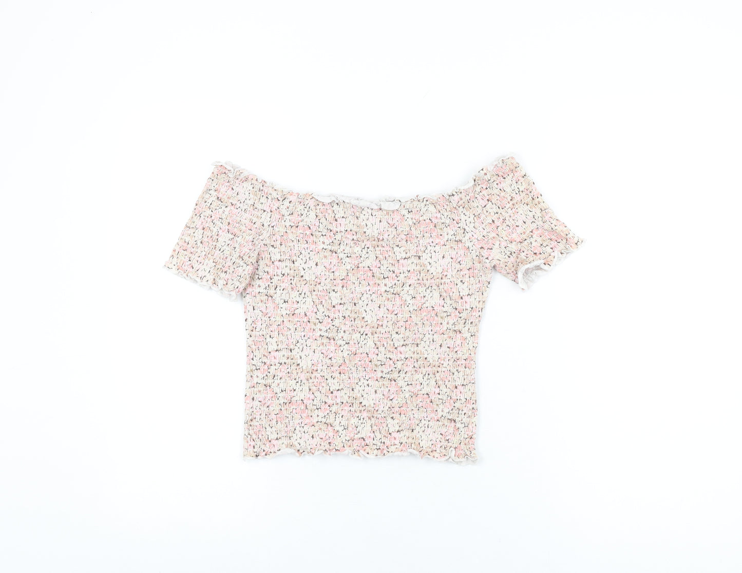 H&M Womens Pink Floral Cotton Cropped T-Shirt Size M Off the Shoulder