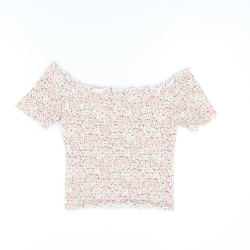 H&M Womens Pink Floral Cotton Cropped T-Shirt Size M Off the Shoulder