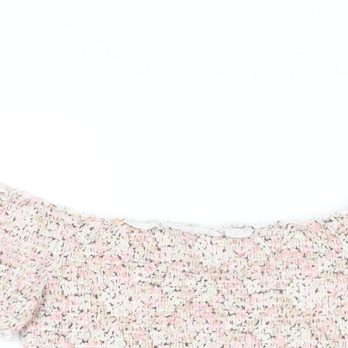 H&M Womens Pink Floral Cotton Cropped T-Shirt Size M Off the Shoulder