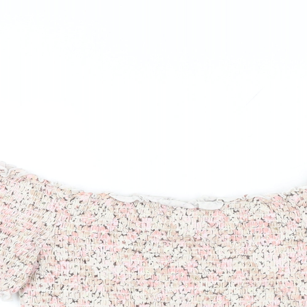 H&M Womens Pink Floral Cotton Cropped T-Shirt Size M Off the Shoulder