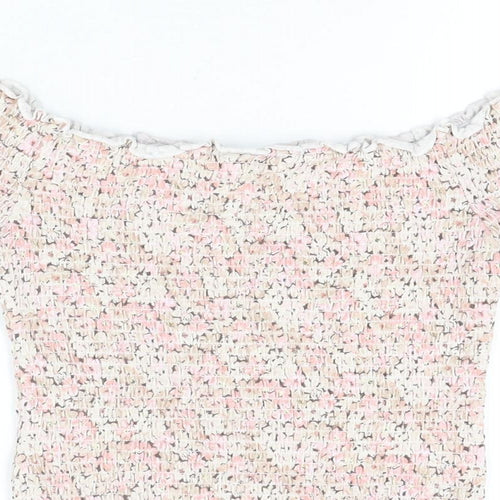 H&M Womens Pink Floral Cotton Cropped T-Shirt Size M Off the Shoulder