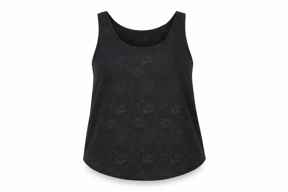 Front view of Etam women’s black floral polyester basic tank, size UK 14, scoop neck