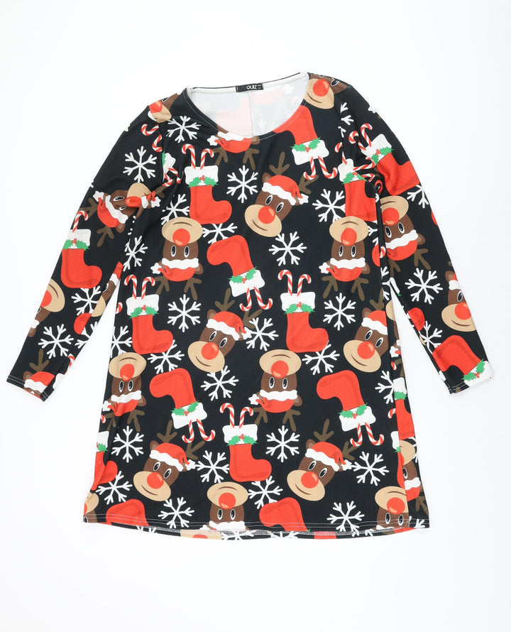 Quiz Womens Black Geometric Polyester Shift Size 16 Round Neck Pullover