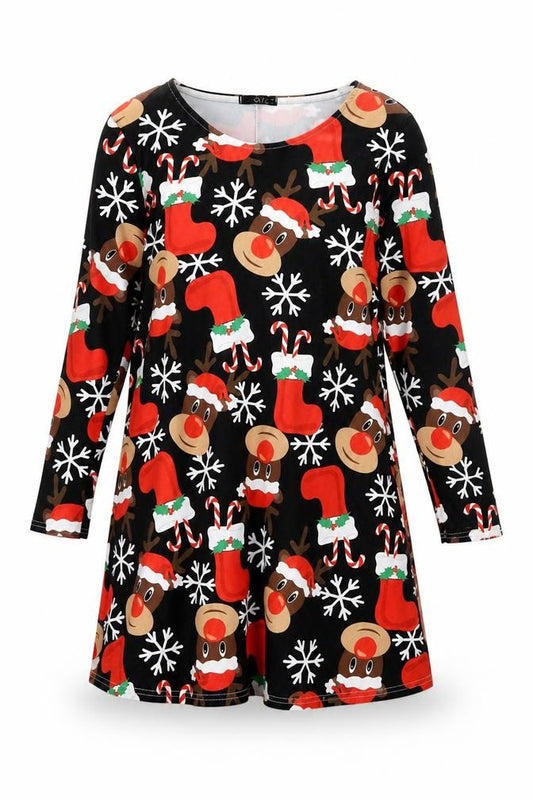 Front view of Quiz women’s black geometric polyester shift, size UK 16, round neck pullover
