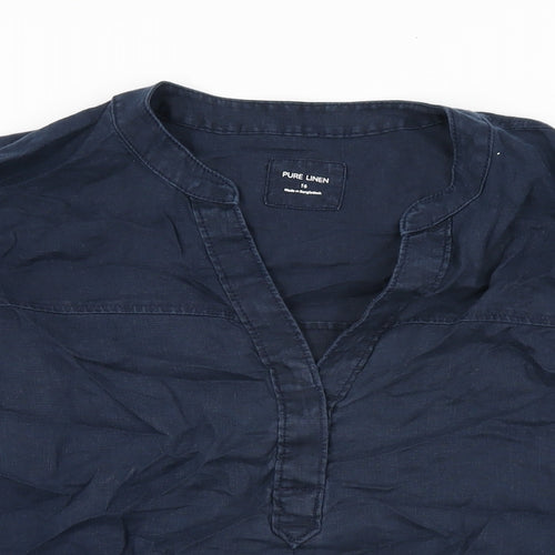 Marks and Spencer Womens Blue Linen Basic T-Shirt Size 16 V-Neck