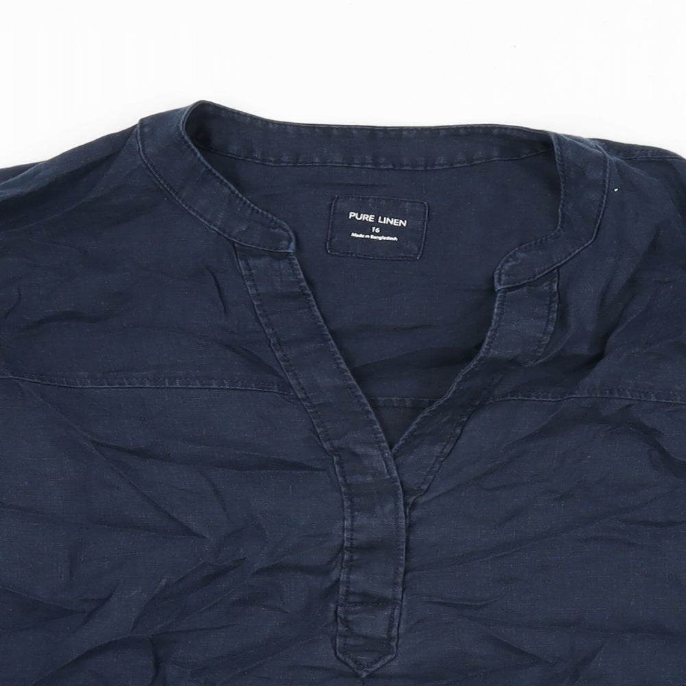 Marks and Spencer Womens Blue Linen Basic T-Shirt Size 16 V-Neck