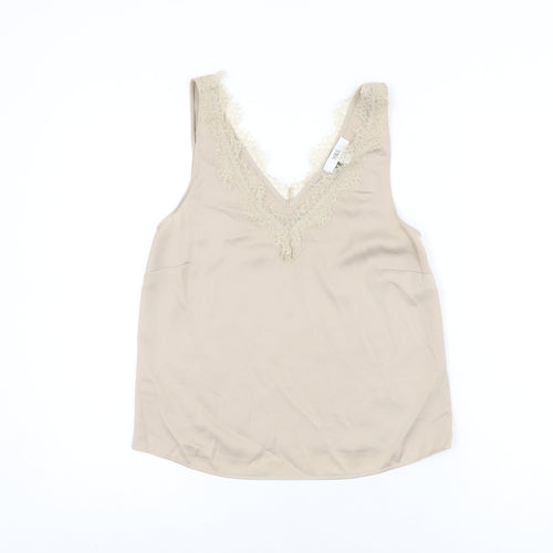 Marks and Spencer Womens Beige Polyester Basic T-Shirt Size 6 V-Neck