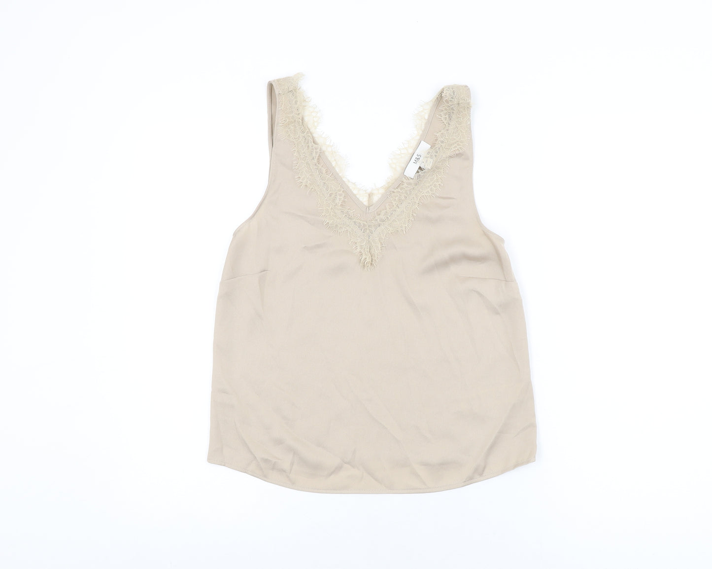 Marks and Spencer Womens Beige Polyester Basic T-Shirt Size 6 V-Neck