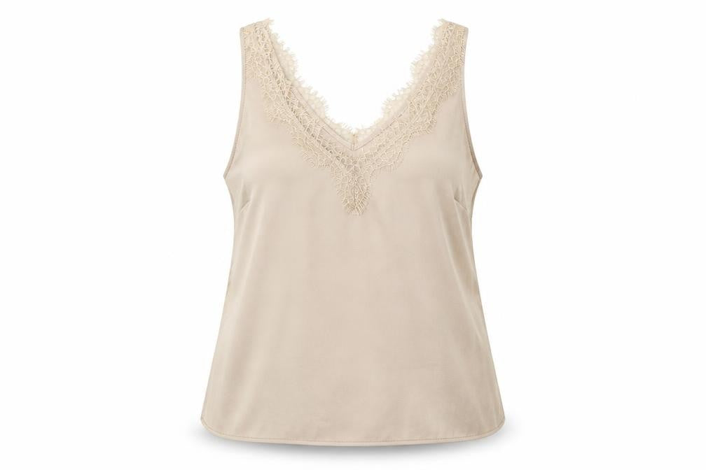 Front view of Marks & Spencer women’s beige polyester basic t-shirt, size UK 6, v-neck