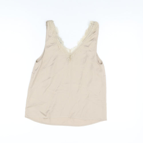 Marks and Spencer Womens Beige Polyester Basic T-Shirt Size 6 V-Neck
