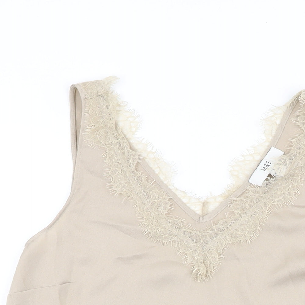 Marks and Spencer Womens Beige Polyester Basic T-Shirt Size 6 V-Neck