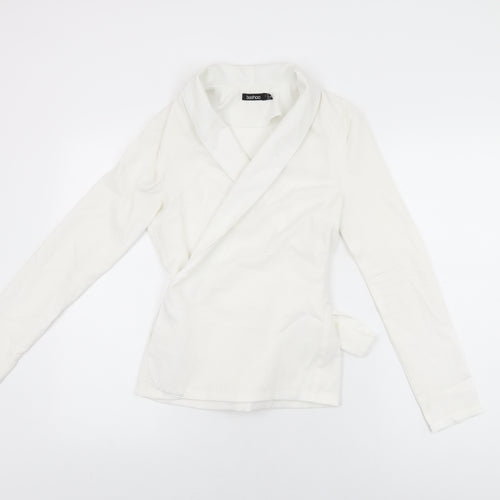 Boohoo Womens White Polyester Wrap T-Shirt Size 8 Collared