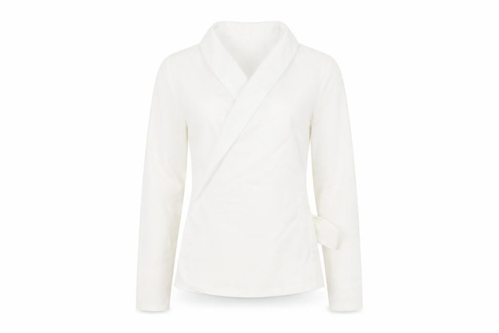 Front view of Boohoo women’s white polyester wrap t-shirt, size UK 8, collared