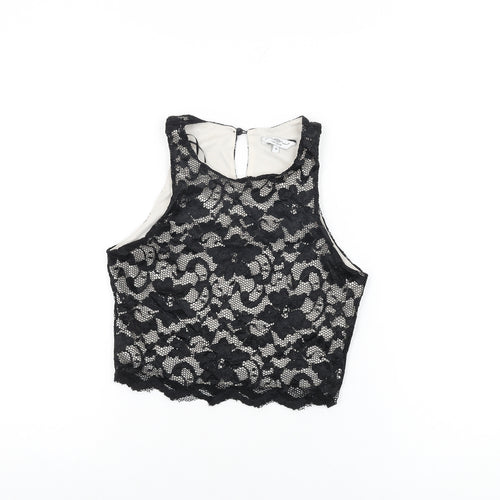 New Look Womens Black Floral Nylon Cropped T-Shirt Size 10 Round Neck