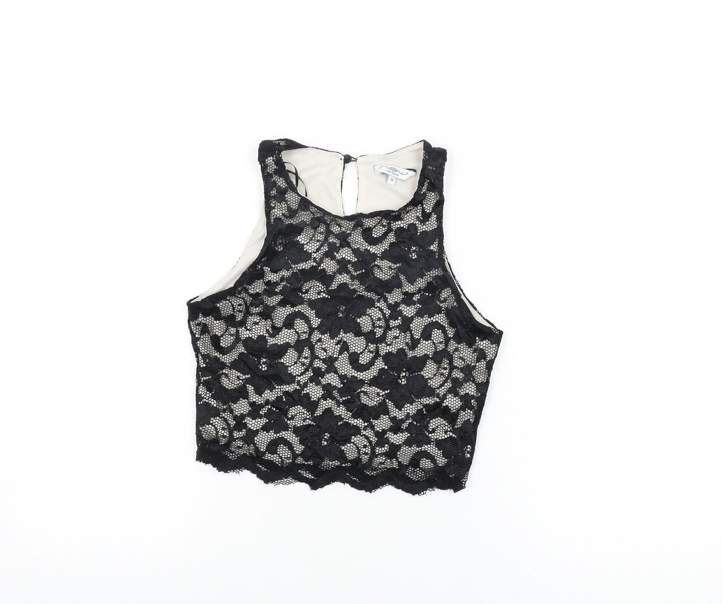 New Look Womens Black Floral Nylon Cropped T-Shirt Size 10 Round Neck