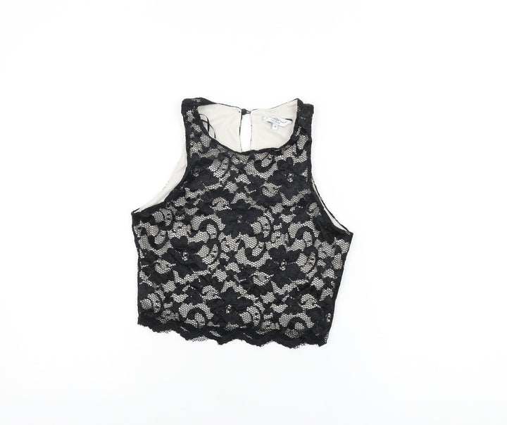 New Look Womens Black Floral Nylon Cropped T-Shirt Size 10 Round Neck