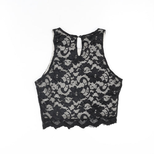 New Look Womens Black Floral Nylon Cropped T-Shirt Size 10 Round Neck