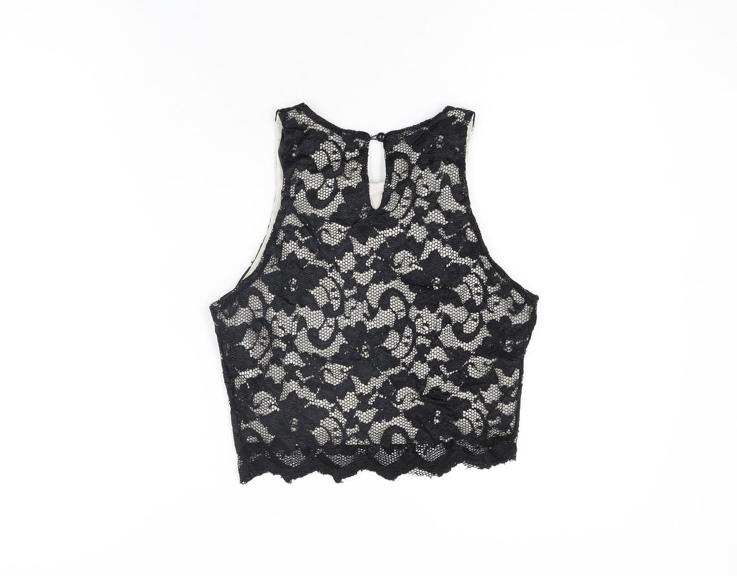 New Look Womens Black Floral Nylon Cropped T-Shirt Size 10 Round Neck