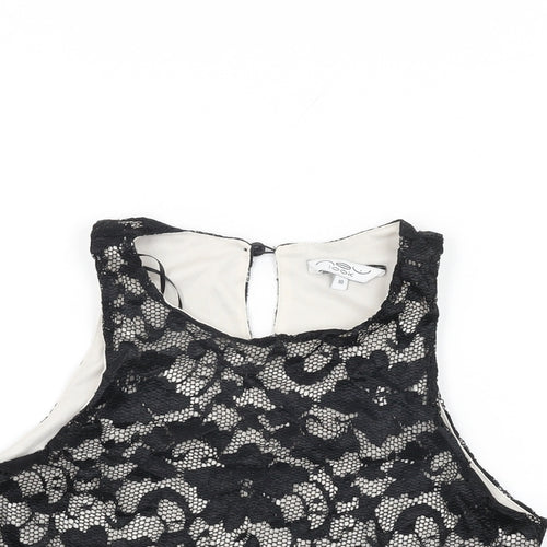 New Look Womens Black Floral Nylon Cropped T-Shirt Size 10 Round Neck