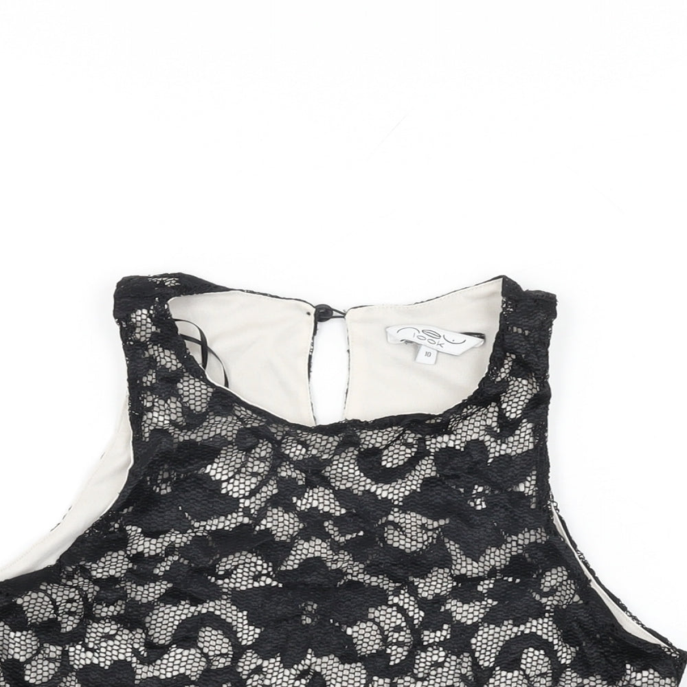 New Look Womens Black Floral Nylon Cropped T-Shirt Size 10 Round Neck