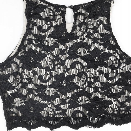 New Look Womens Black Floral Nylon Cropped T-Shirt Size 10 Round Neck
