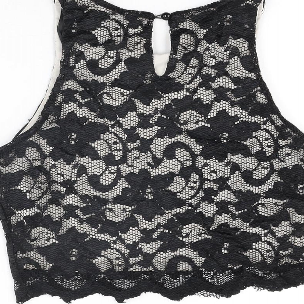 New Look Womens Black Floral Nylon Cropped T-Shirt Size 10 Round Neck