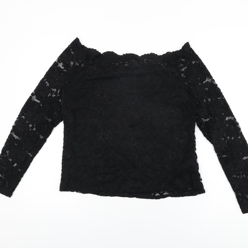 New Look Womens Black Floral Nylon Basic T-Shirt Size 18 Off the Shoulder