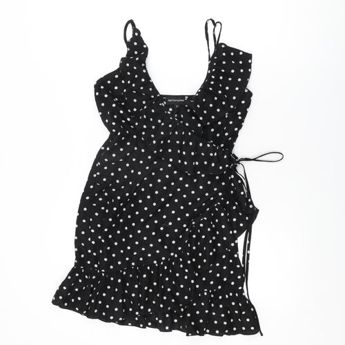 PRETTYLITTLETHING Womens Black Polka Dot Polyester Wrap Dress Size 8 V-Neck Tie