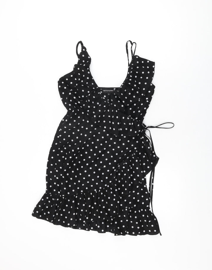 PRETTYLITTLETHING Womens Black Polka Dot Polyester Wrap Dress Size 8 V-Neck Tie