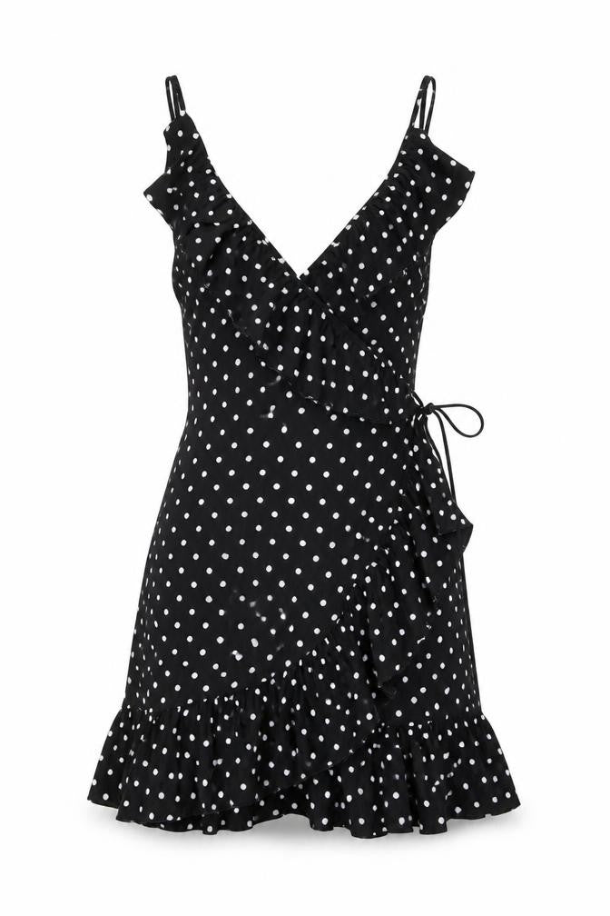 Front view of PRETTYLITTLETHING women’s black polka dot polyester wrap dress, size UK 8, v-neck tie