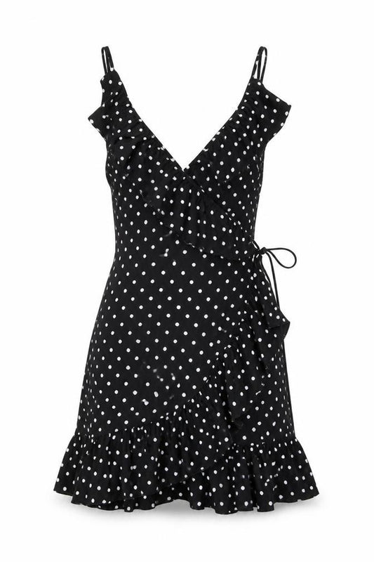 Front view of PRETTYLITTLETHING women’s black polka dot polyester wrap dress, size UK 8, v-neck tie