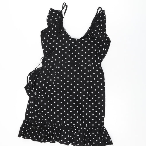 PRETTYLITTLETHING Womens Black Polka Dot Polyester Wrap Dress Size 8 V-Neck Tie