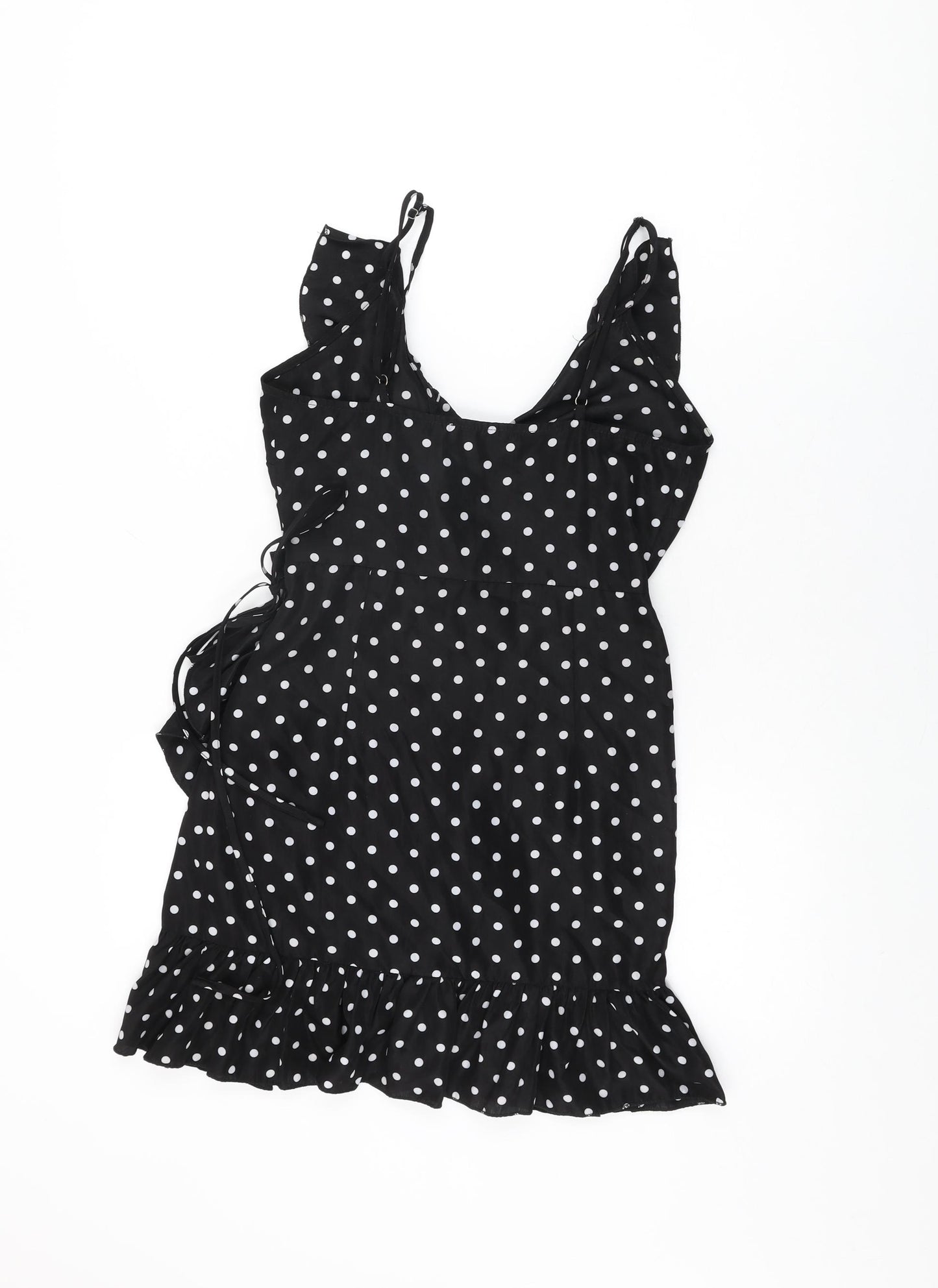 PRETTYLITTLETHING Womens Black Polka Dot Polyester Wrap Dress Size 8 V-Neck Tie