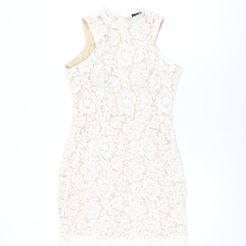 Missguided Womens White Floral Polyester Bodycon Size 10 Round Neck Zip