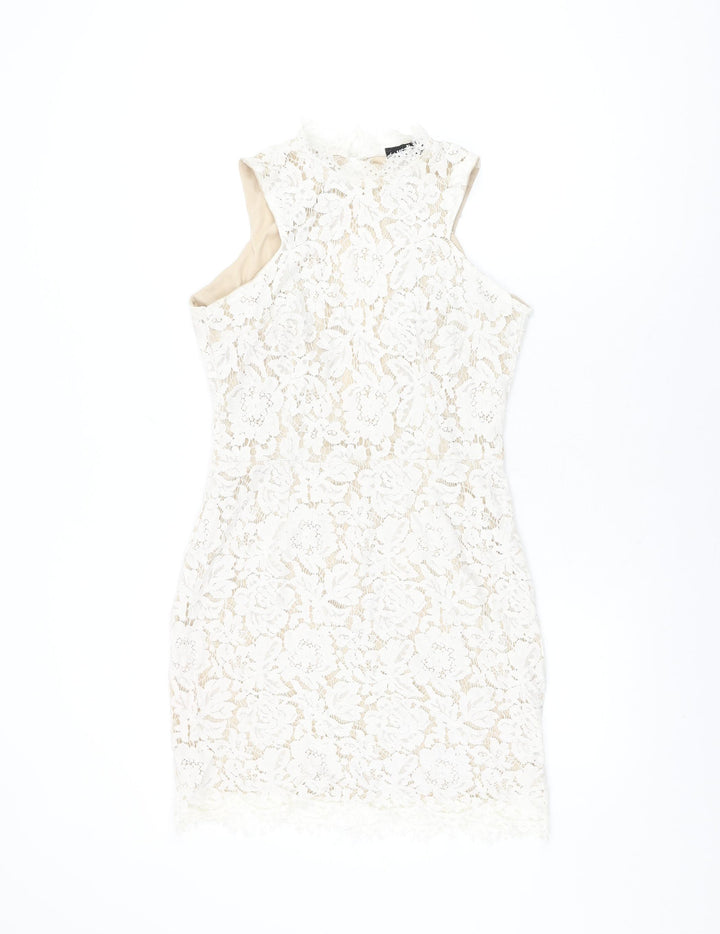 Missguided Womens White Floral Polyester Bodycon Size 10 Round Neck Zip