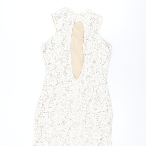 Missguided Womens White Floral Polyester Bodycon Size 10 Round Neck Zip