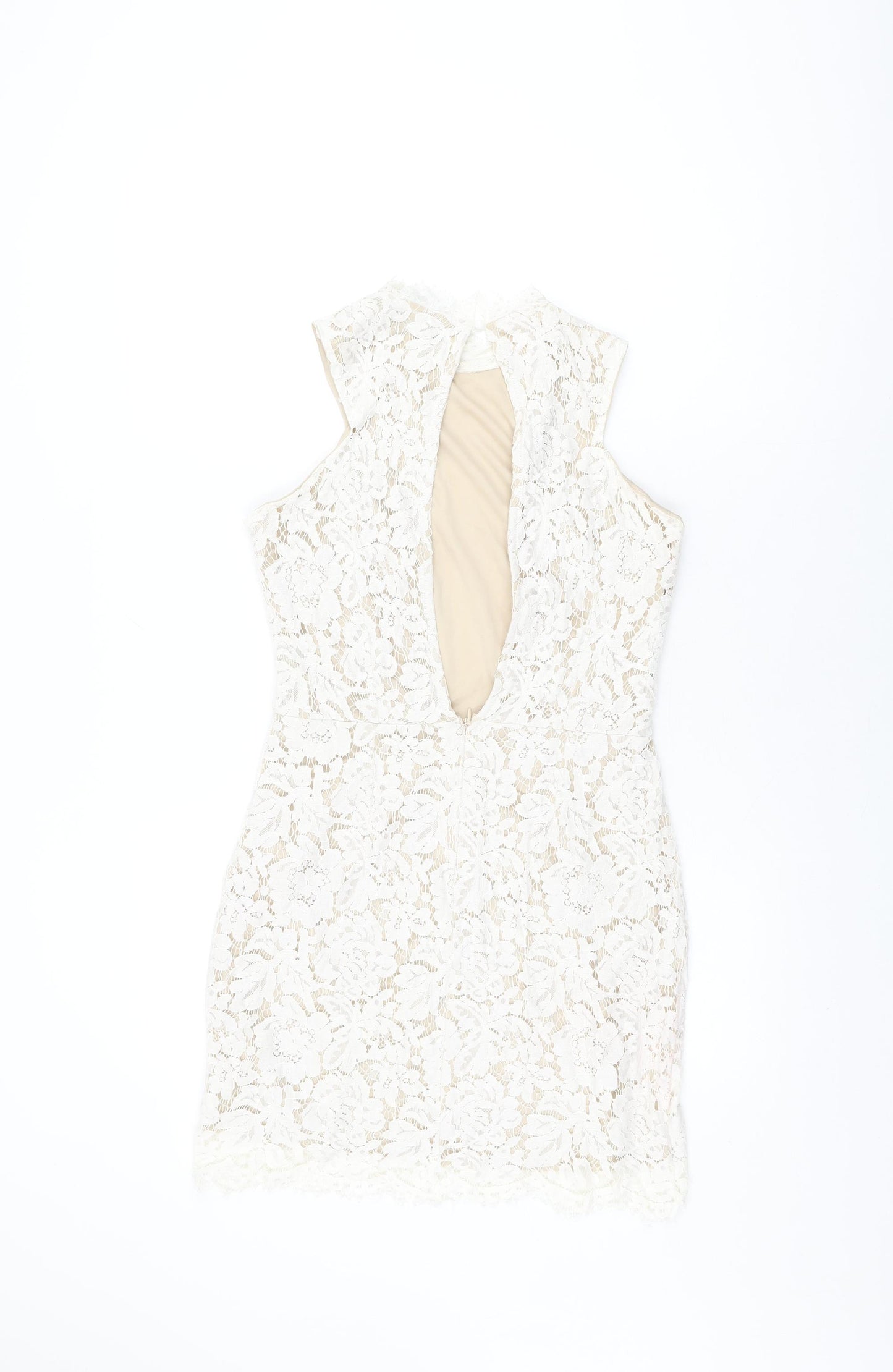 Missguided Womens White Floral Polyester Bodycon Size 10 Round Neck Zip