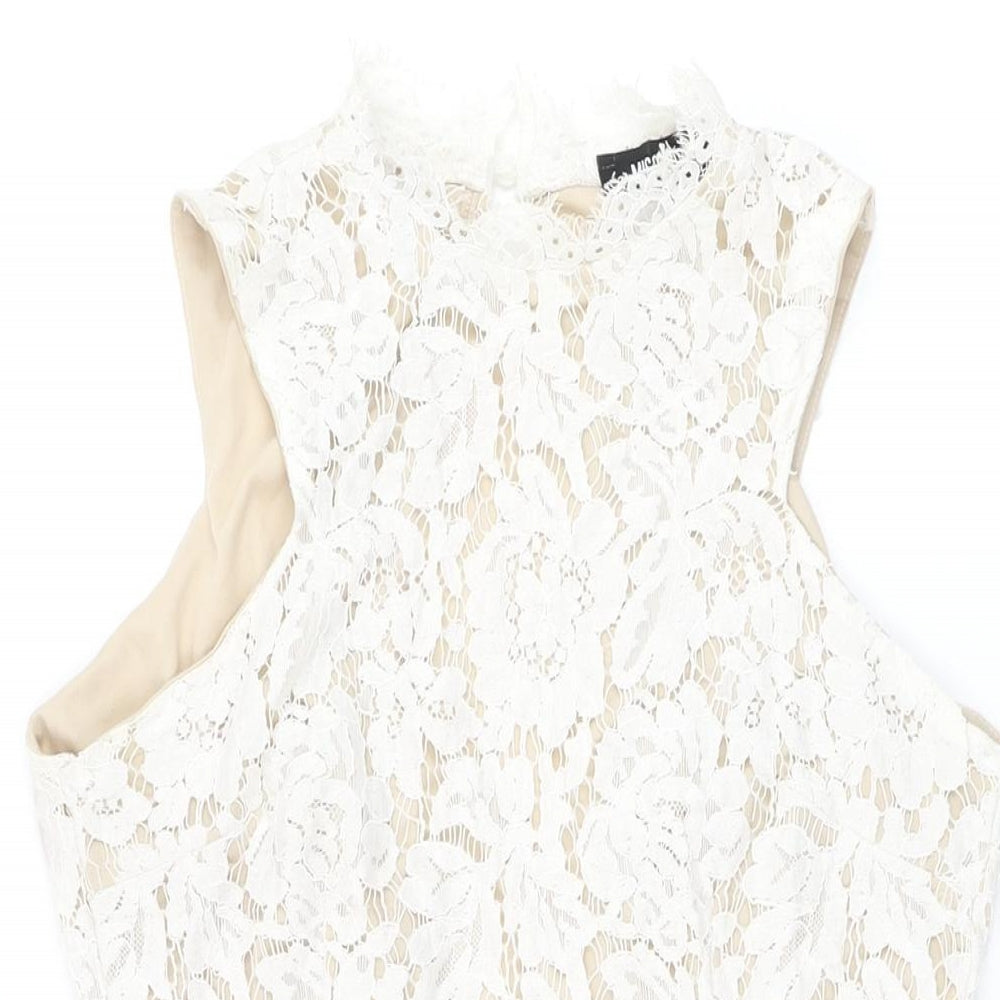 Missguided Womens White Floral Polyester Bodycon Size 10 Round Neck Zip