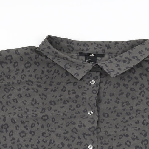 H&M Womens Grey Animal Print Viscose Basic Button-Up Size M Collared