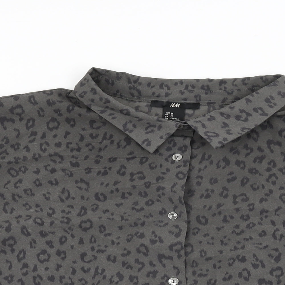 H&M Womens Grey Animal Print Viscose Basic Button-Up Size M Collared