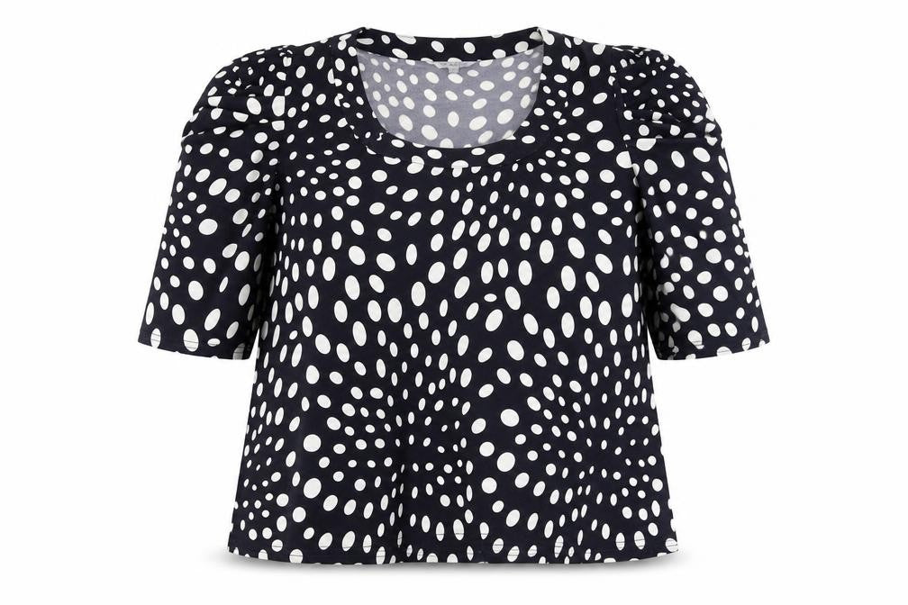 Front view of Chesca women’s blue polka dot viscose basic t-shirt, size UK 16, square neck