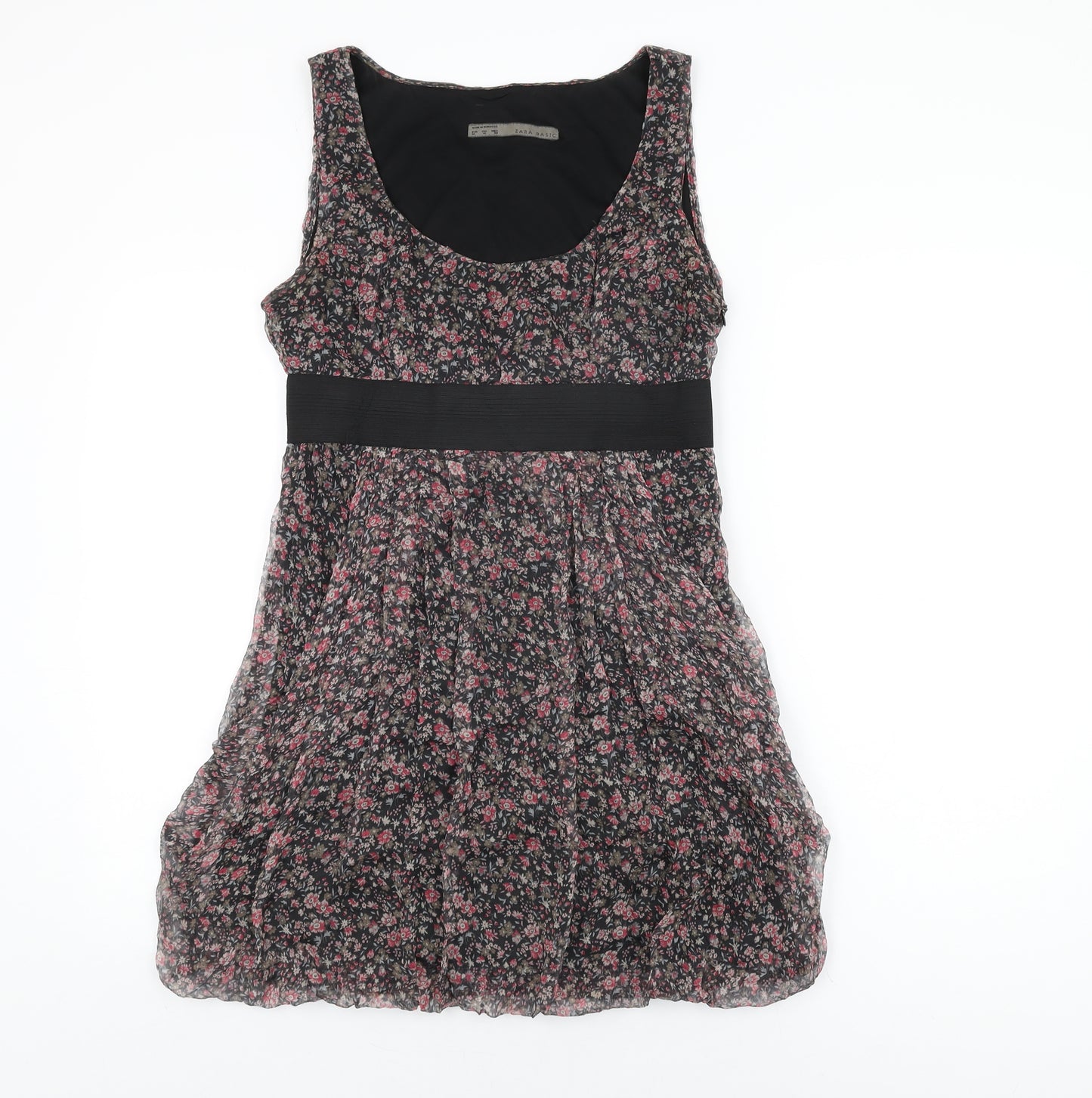 Zara Womens Black Floral Silk Shift Size M Scoop Neck Zip