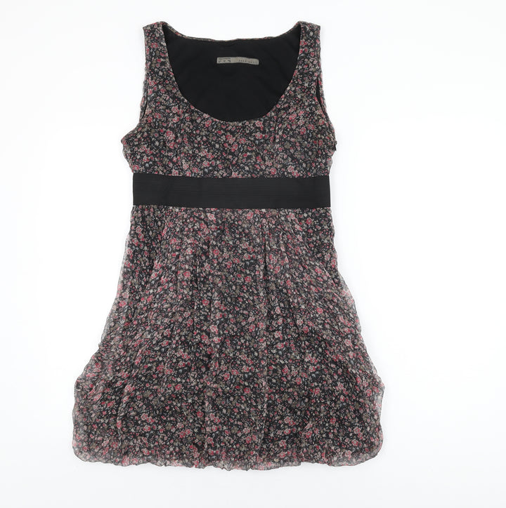 Zara Womens Black Floral Silk Shift Size M Scoop Neck Zip