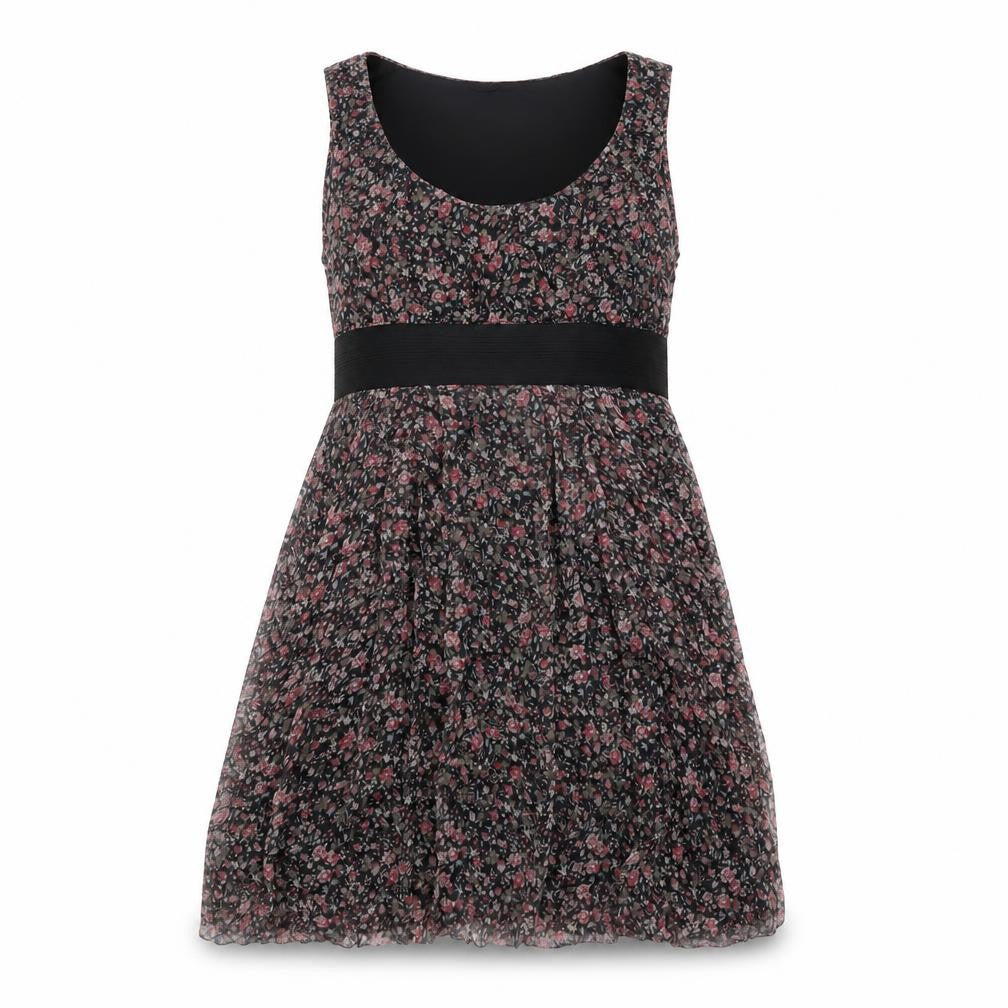Front view of Zara women’s black floral silk shift, size M, scoop neck zip