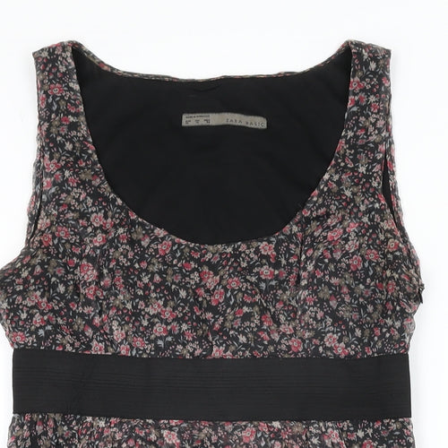 Zara Womens Black Floral Silk Shift Size M Scoop Neck Zip