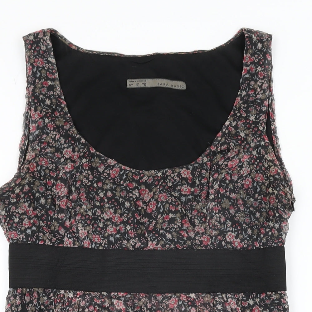 Zara Womens Black Floral Silk Shift Size M Scoop Neck Zip