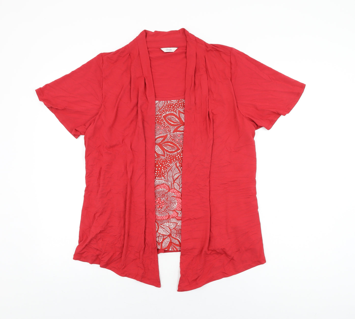 Marks and Spencer Womens Red Geometric Viscose Basic T-Shirt Size 16 Square Neck